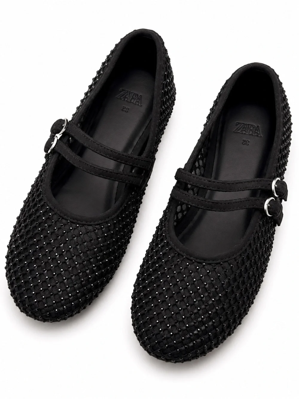 Zara Black Beaded Double-Strap Mary Jane Flats